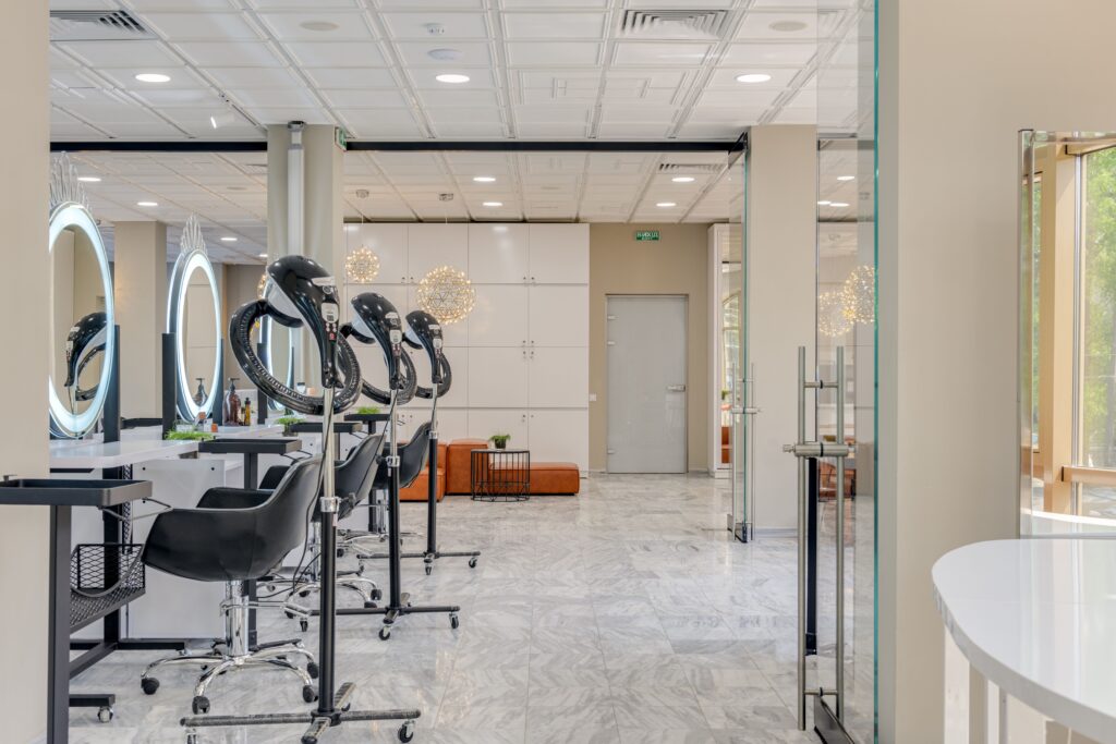 Elegant interior of a modern salon with chic design and spacious layout.